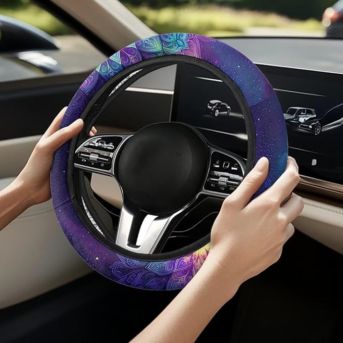 AFPANQZ Automotive Steering Wheel Covers Universal Fit 14 to 15 inch, Purple Bohemian Flower Steering Wheel Protector with Cloth for Women Keep Warm Comfort Grip Sweat Absorption Neoprene