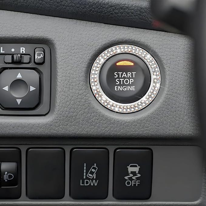 Bling Car Engine Start Ring Decals, 2PCS Sparkling Crystal Rhinestone Vehicle Push to Start Button Sticker, Diamond Auto Key Ignition Knob Decorative Ring, Universal for Vehicles (AB Color)