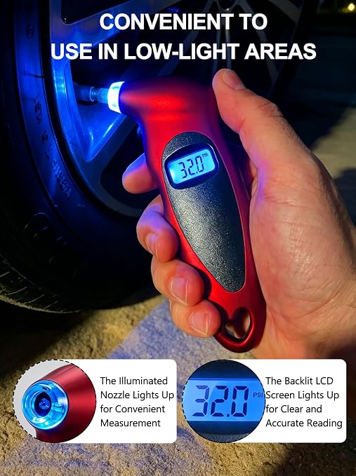 Digital Tire Pressure Gauge 150 PSI, Accurate in 0.1 Increments,1 Pack Tire Pressure Gauge with Backlight LCD, 4 Units (PSI/Bar/Kgf/cm²/KPA) Applicable to Car Truck Bicycle, Red