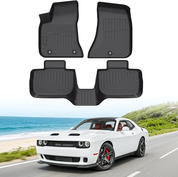 Floor Mats for Dodge Challenger RWD 2015-2023 | (Not for AWD or 3.6L V6 Engine Models), Heavy Duty TPE All Weather Protection, Waterproof Non-Slip Black(Two-Row Floor Mats)