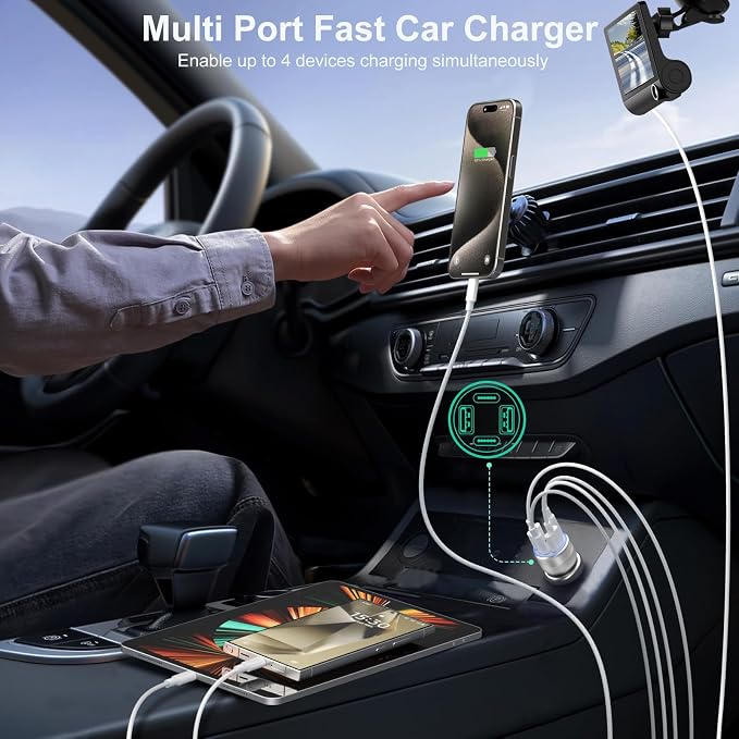 USB C Car Charger, 4 Port 65W Super Fast Charging Cigarette Lighter Adapter | QC/PD 30W Car Phone Charger 12V USB Car Outlet Adapter,for iPhone 17 16 15 14 13 12 iPad Pro,Samsung,Pixel(Silver)
