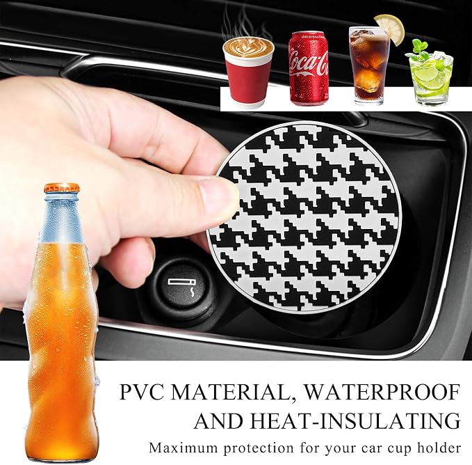 DXNQ 4 PCS Car Cup Coasters, 2.76 Inch Anti-Slip Checkered Vehicle Cup Holder Insert Coasters, Auto White & Black Drink Cup Mats for Front Console Cup Holders, Car Accessories (Houndstooth)