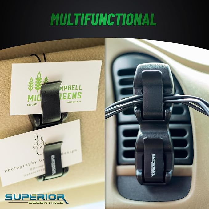 SUPERIOR ESSENTIALS Sunglass Holder for Car Visor Clip - Sun-Glasses Holder and Ticket Card Clips - Car Visor Accessories - Luxury Eyeglass Car Mount (Pack 2)