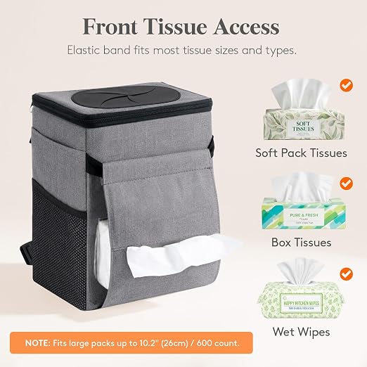 Lifewit Car Trash Can with Lid and Tissue Holder, Leak-Proof Waterproof Automotive Garbage Cans, Car Accessory Interior, Trash Bin for the Back/Front/Console of Car, 2 Gallons, Grey