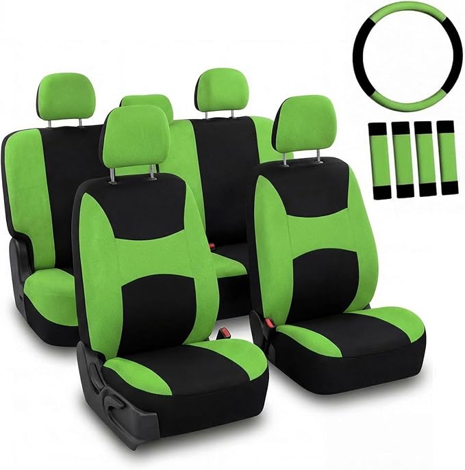 Automotive Seat Covers Green Universal Fit Combo Set with Steering Wheel Cover and Seat Belt Pad fits most Cars, SUVs, and Trucks (Airbag Compatible and Split Bench) FH Group FB030GREEN-COMBO