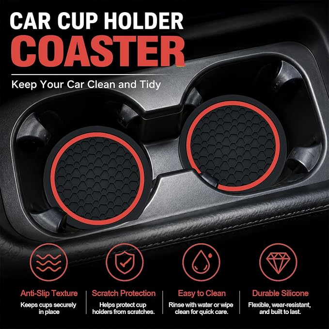 4PCS Car Cup Holder Coasters - 2.75 Inch Non-Slip Insert Water Bottle Holder Pads, Dustproof Automotive Interior Accessories Mat, Universal for Vehicles, Trucks, RVs (Red)