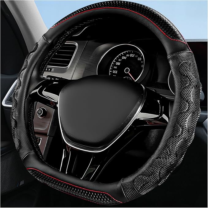 Car Steering Wheel Cover, Anti-Slip Breathable Steering Wheel Protector with 3D Honeycomb Design, Sporty Elastic Protective Cover for 14.5-15 Inch Flat Bottom Steering Wheels (Black)