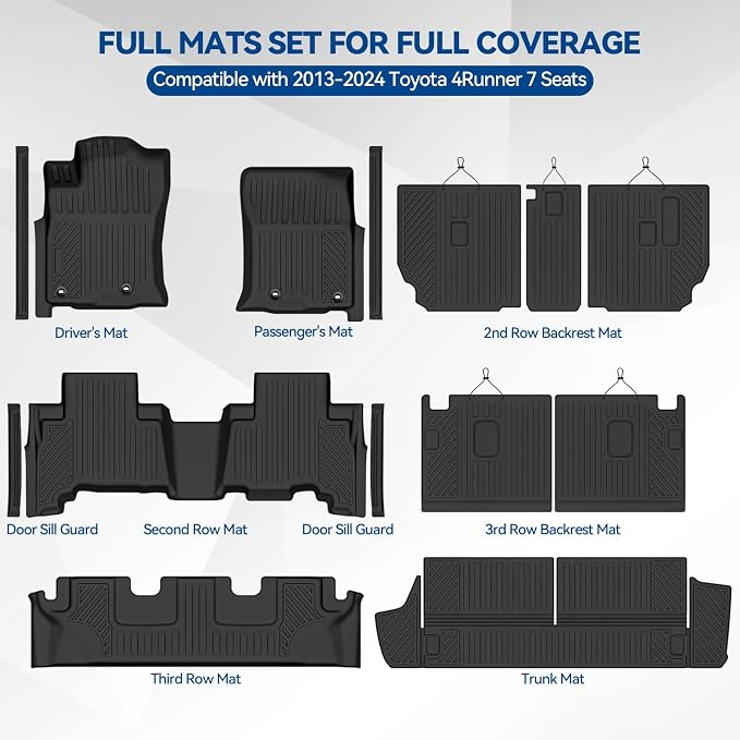 Custom Fit Floor Mats for 2013-2024 Toyota 4Runner 7 Seats | All Weather TPE Floor Liners with Trunk Mat & Backrest Protectors & Door Sill Guard | Odorless Full Set Interior Accessories