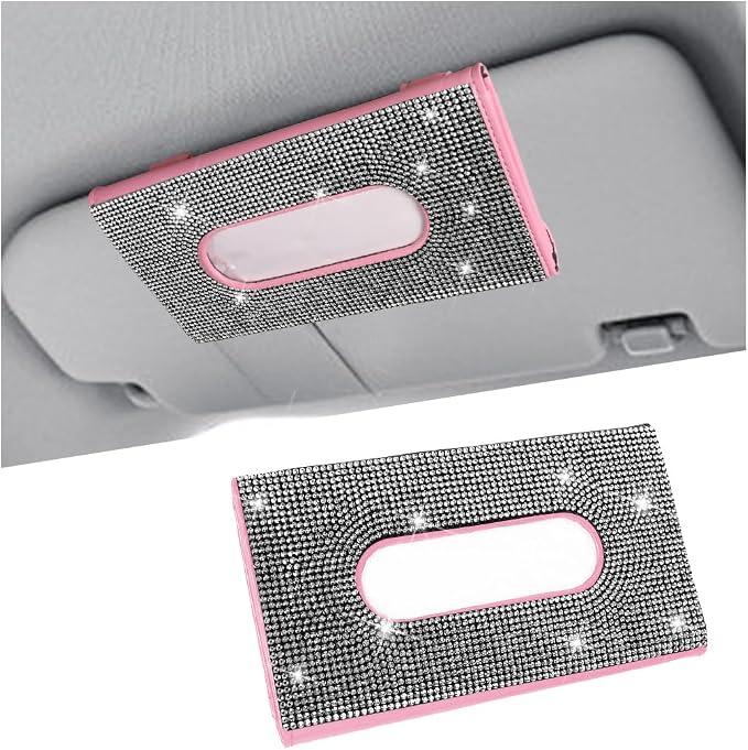 Bling Car Tissue Holder for Sun Visor, Crystal Rhinestone Leather Vehicle Paper Towel Case, Glitter Diamond Auto Napkin Clip Accessories for Women, Universal for SUV, RV, Truck (White/Pink)