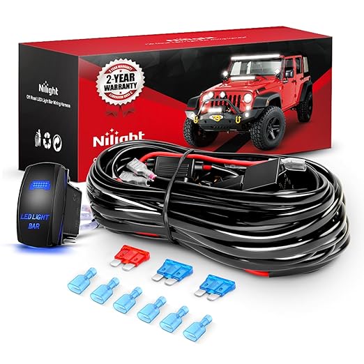 Nilight 16AWG LED Light Bar Wiring Harness Kit 12V On Off 5Pin Rocker Switch Laser Waterproof Toggle Power Relay Blade Fuse for Cars Boat ATV Trucks - 3 Leads Bule
