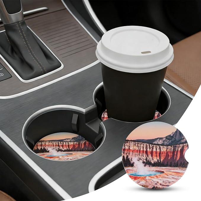 2 Pack Car Coasters for Cup Holders, Absorbent Ceramic Stone Cup Coaster with Non-slip Cork Base and Finger Notch, Yellowstone Volcano Landscape Auto Interior Accessories,Universal Fit 2.59 In