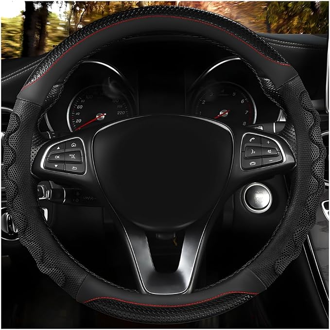 Car Steering Wheel Cover, 15 Inch Anti-Slip Steering Wheel Cover Protector with 3D Honeycomb Design, Universal Steering Wheel Covers for Truck SUV, Car Accessories (Black,Round Shape)