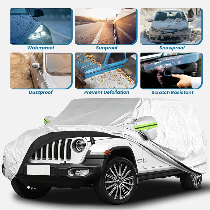 210D Oxford Car Cover Compatible with Jeep Wrangler 4 Door, Waterproof Outdoor Full Exterior SUV Protector, UV Rain Snow Dust, Windproof Straps, Reflective Strips, Silver, 197 x 79 x 75 in