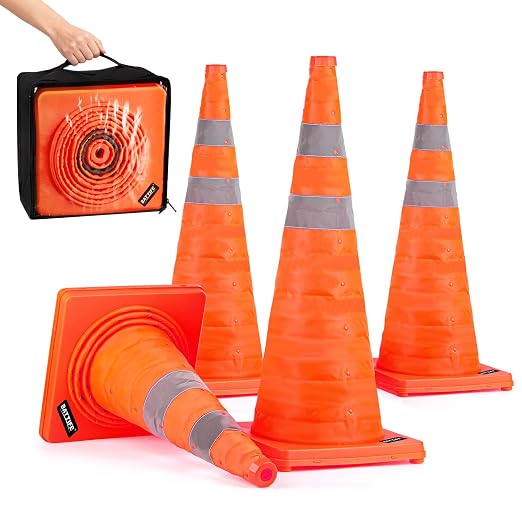 BATTIFE [4 Pack] 28 Inch Collapsible Traffic Safety Orange Cones, Multi Purpose Pop-up Cones and Reflective Collar, for Road Parking, Driving Practice