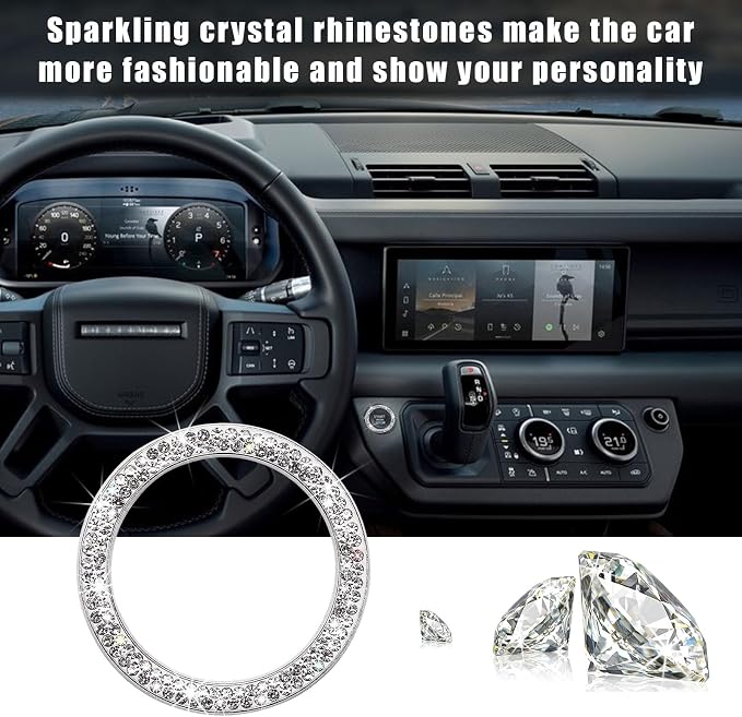 Kewucn 2 PCS Bling Crystal Double Rhinestone Car Engine Start Decoration Ring, Sparkling Push Start Button Sticker, Key Ignition & Knob Ring Decoration, Bling Car Interior Accessory(White)