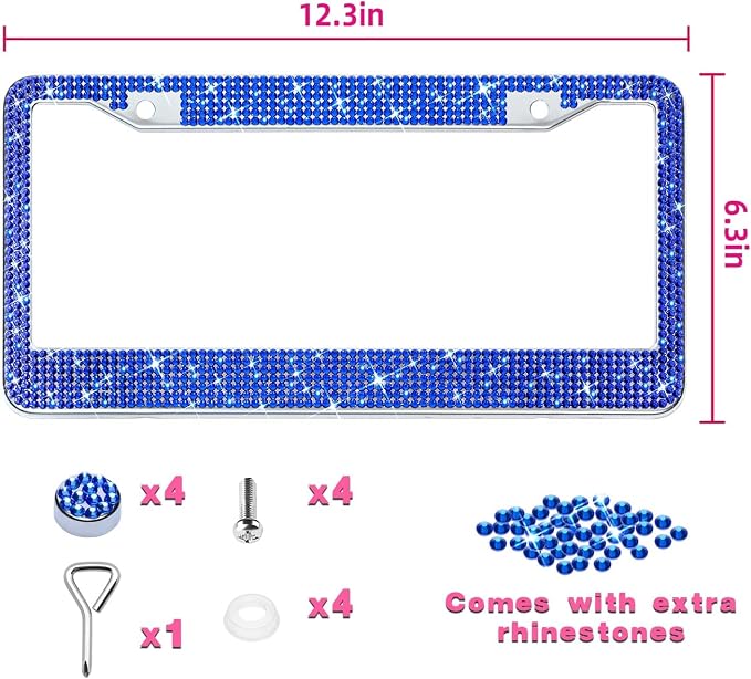 Bling License Plate Frame for Women, Sparkly Stainless Steel License Plate Frames| Over 1200 pcs 14 Facets Bedazzled Clear Glass Diamond Rhinestone Crystals w/Free Glitter Diamond (Dark Blue)