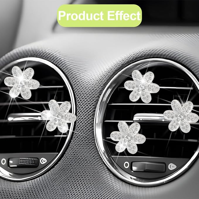 Osilly Bling Car Air Vent Clips, 4PCS/2Set Flower Rhinestone Vehicle Air Outlet Clamp, Sparkly Diamond Automotive Interior Vent Clip Charm Decor Accessories, Universal for SUV Truck RV (Silver)