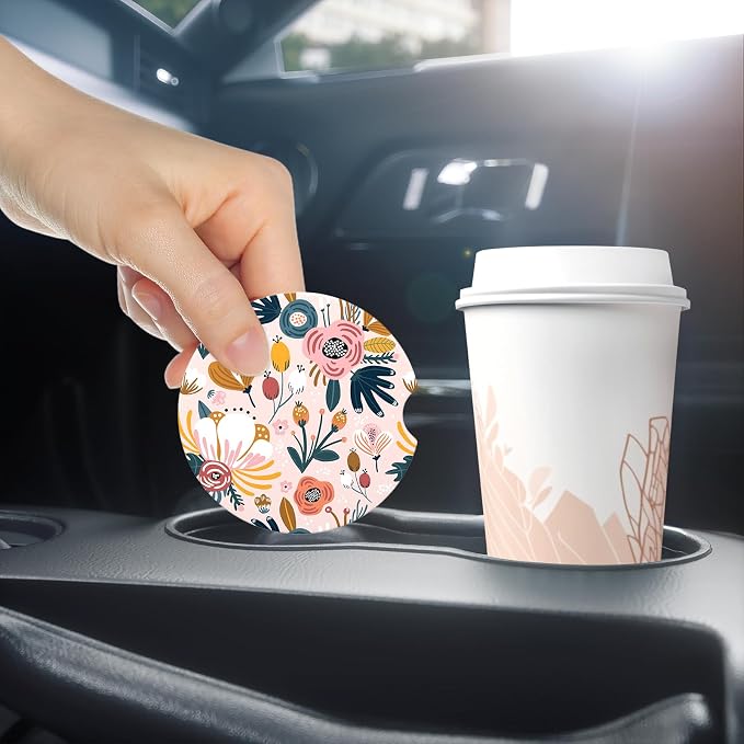 Aiawoxc Car Cup Holder Coasters, 2 Pack Universal Auto Anti Slip Insert Coaster with A Finger Notch, Cup Mat for Most Car Interior, Pink Flower