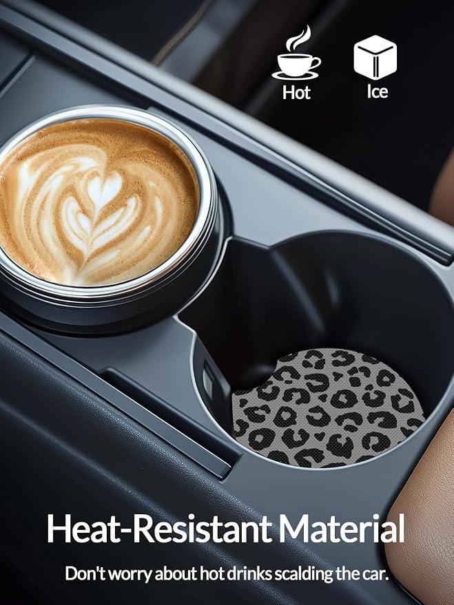 WOCOCN Cute Cup Holder Coasters for Your Car with Fingertip Grip, Auto Accessories for Women & Men,Pack of 2(Gray Leopard)