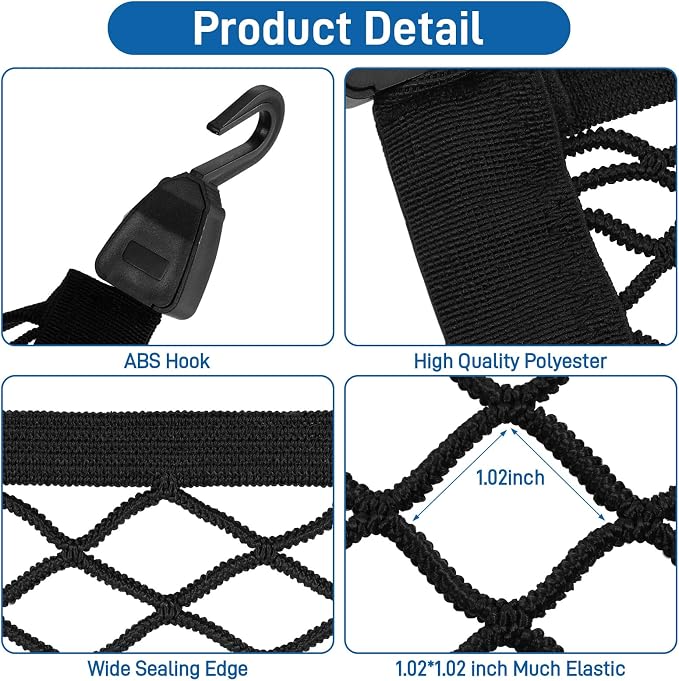 Cargo Net 80×60cm, Car Trunk Net Elastic Nylon Baggage, Car Trunk Net with 4 Hooks, Storage Organizer Car Net for Car Boot Vehicle Van SUV(Black)