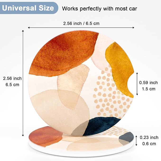 Nipichsha Car Coasters for Cup Holders, 2 Pack Absorbent Ceramic Car Cup Holder Coaster for Drinks, Cute Auto Assecories for Women Men, Size 2.56 in with Finger Notch & Cork Base, Simple Art