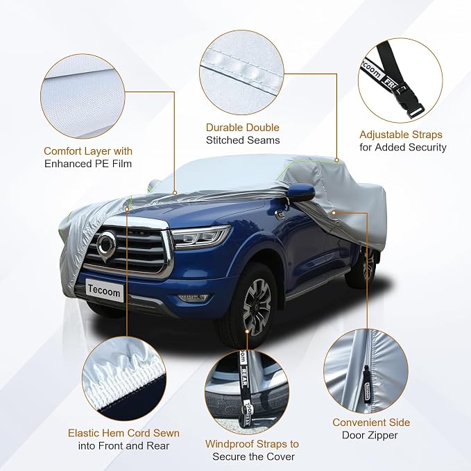 Tecoom Truck Cover Waterproof All Weather with Zipper Door & Lock, Windproof Sun Rain Snow Protection Full Pickup Covers Fit for Ford F150, Ram 1500, Chevy Silverado, Toyota Tundra (Up to 212 Inches)