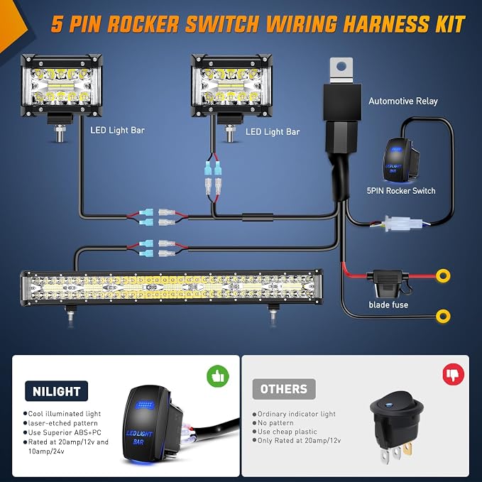 Nilight 33Inch LED Light Bar 2Pcs 4Inch 60W Spot Flood Lights Pods Off Road DrivingWork Lighting with 14AWG Wiring Harness Kit-3 Leads for Truck Tractor Pickup Boat SUV ATV UTV Car Van Camper