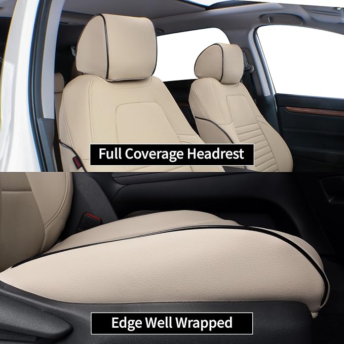 EKR Custom Fit Full Set Car Seat Covers for Select Honda CRV 2017 2018 2019 2020 2021 2022 - Leatherette (Beige) | Custom Fit for Honda CRV 2017 2018 2019 2020 2021 2022,Factory-Style Interior Upgrade,Full Wrap,Faux Leather(Beige)