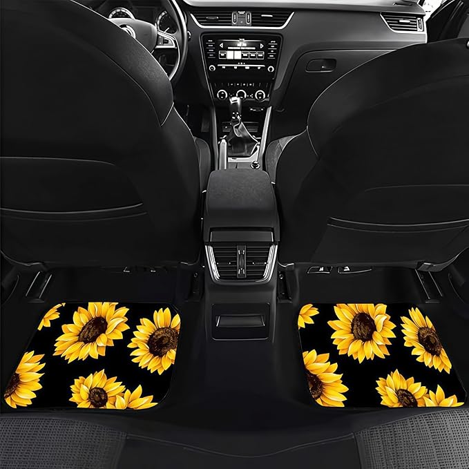 Universal Fit Car Floor Mats Set of 4Pcs, Sunflower Patter All-Weather Front Rear Car Carpet Mats, Non-Slip Car Floor Mat Car Accessories for Automotive Trucks SUV Sedans Vans
