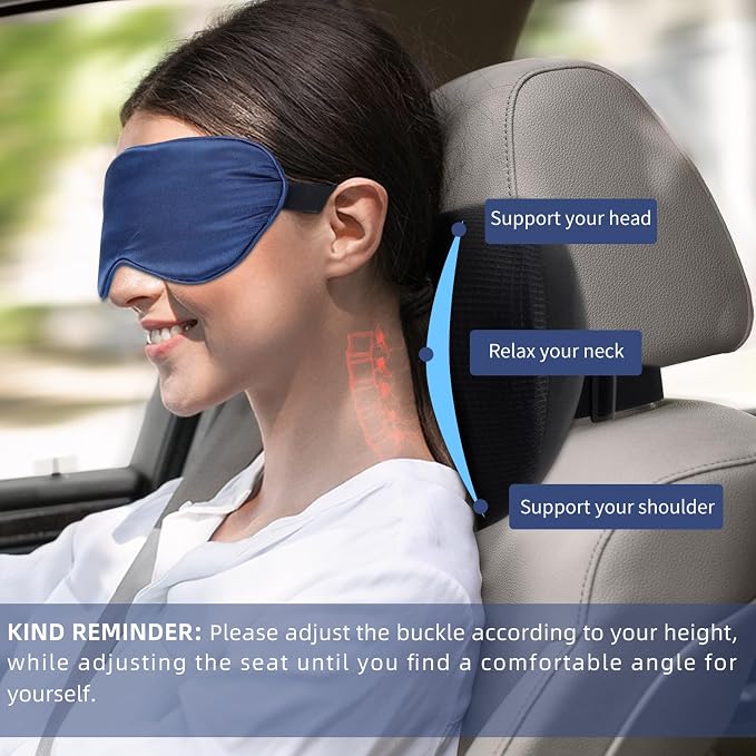 2 Pack Car Headrest Pillow, Soft Support Car Pillow with Adjustable Strap | 100% Memory Foam & Breathable Removable Cover, Ergonomic Design, Universal Neck Pillow for Car & Office Chairs(2 Sleep Masks)