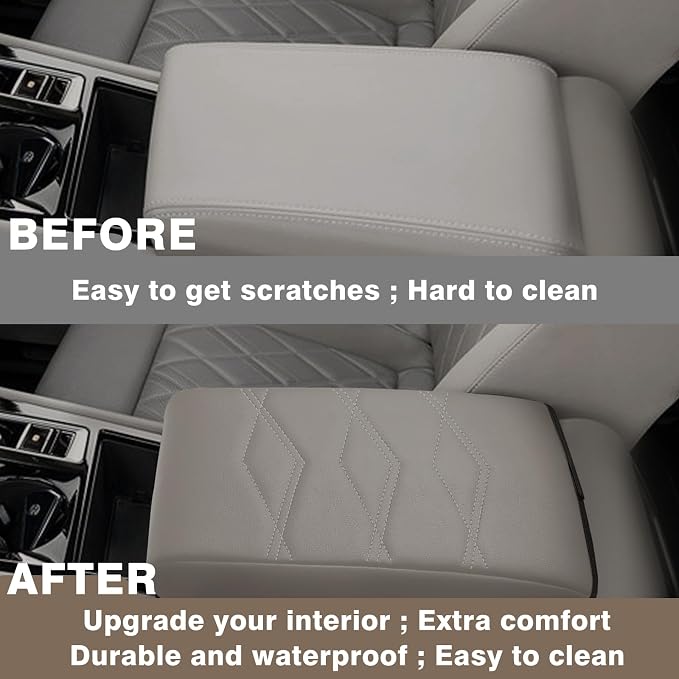 Muslogy Center Console Armrest Cover Fit for Volkswagen Atlas & Cross Sport 2024-2026 Accessories, Comfort Armrest Pad Console Lid Cushion Vegan Leather Regular Thick (V1_Light Gray)