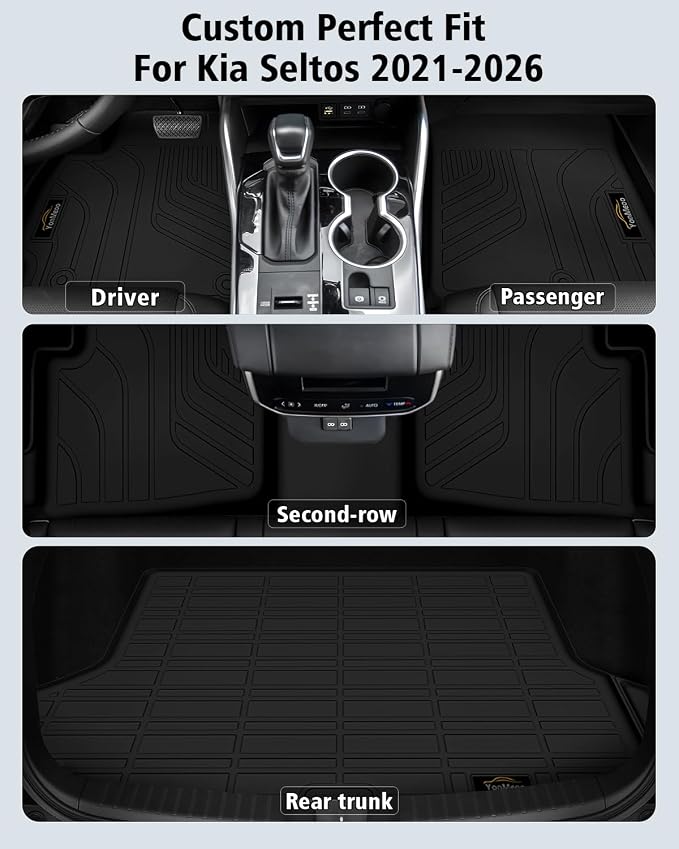 Floor Mats & Cargo Liner Custom for Kia Seltos 2021-2025 2026, Door Sill Protectors, All Weather TPE Anti-Slip 1st & 2nd Row & Trunk Mat for Seltos 2025 Accessories, Black (Upper Cargo Floor Liner)