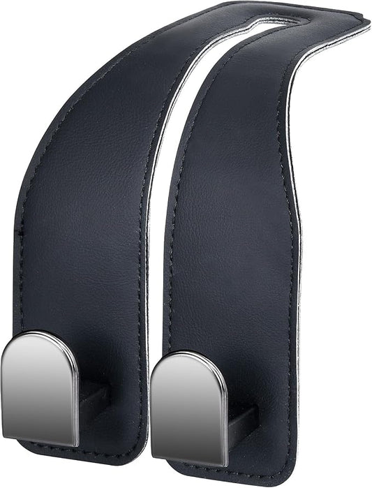 Car Hooks for Headrest, Leather Car Seat Back Storage Organizer Interior Accessories, More Wide & Deep Auto Seat Hook Hangers for Purse Umbrellas Handbag Clothes Coats Grocery Bags (Black-1 Pack)