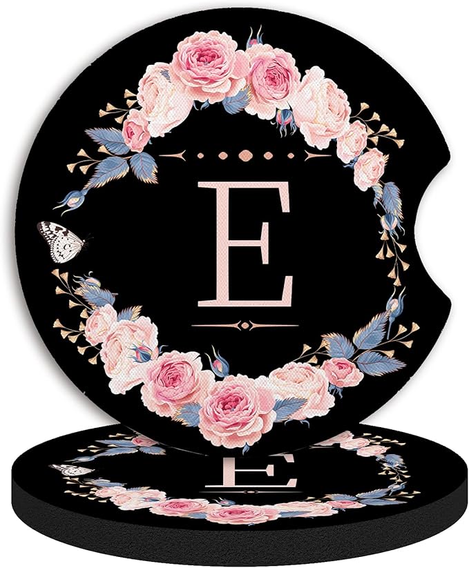 2pcs Letter E Car Coasters,Absorbent Universal neoprener Cup Holder Coasters with a Finger Notch,Car Accessories for Women&Man Interior，2.75"