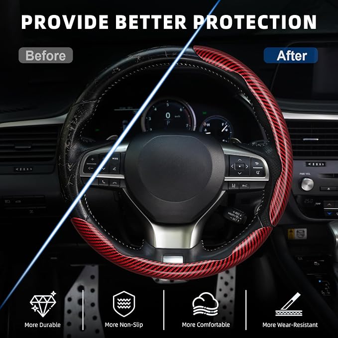 Amiss 3pcs Carbon Fiber Anti-Skid Steering Wheel Cover, Waterproof Design, Universal Fit for 14-16 Inch Car Wheel Cover, Interior Car Accessories for Jeeps, SUVs, Trucks (Glossy Red)