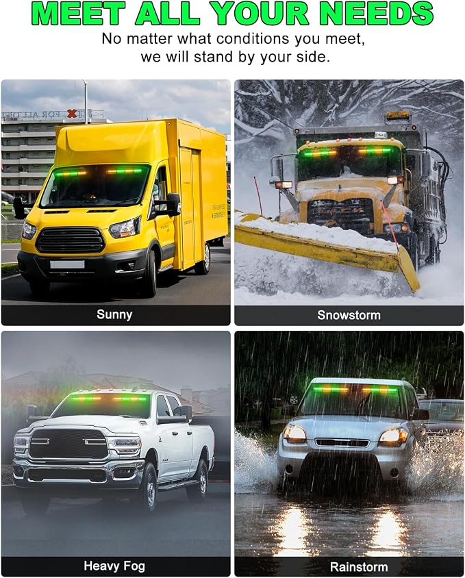 HLauto 6Z4J Emergency Dash Strobe Lights: 2x16.8 inch Green Amber Safety Lights, 48 LED Flashing Warning Hazard Interior Windshield Visor Traffic Light Bar for Trucks, Construction Vehicles