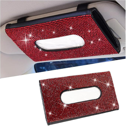 Bling Car Tissue Holder for Sun Visor, Crystal Rhinestone Leather Vehicle Paper Towel Case, Glitter Diamond Auto Napkin Clip Accessories for Women, Universal for SUV, RV, Truck (Red/Black)