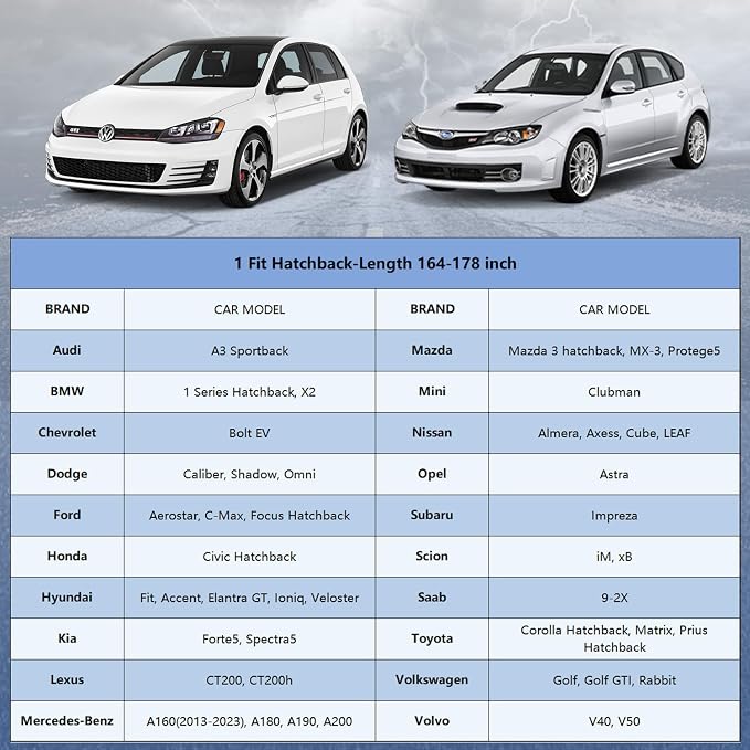 Car Cover Waterproof All Weather for Automobiles, Full Exterior Covers for Hatchback (163-178 inch) Universal Fit for Honda Fit, Toyota Matrix, vw Golf etc. Rain Winter Sun Snow Protection.
