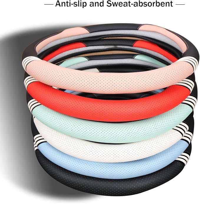 15 inch Cute Leather D Shape Steering Wheel Cover Black White | Breathable Faux Leather and Carbon Fiber Flat Bottom Car Accessories for Women Men Universal 14.5 inch to 15 inch