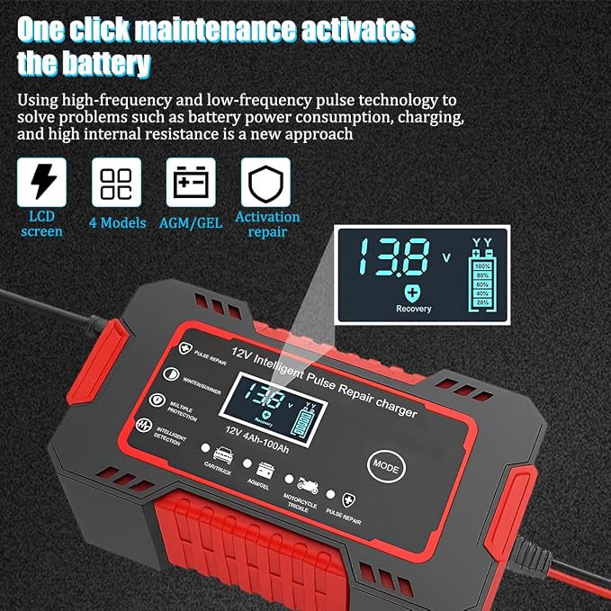 Car Battery Charger, 12V 6A Smart Fully Trickle Vehicle Battery Charger & Desulfator with Temperature Compensation, Portable Automotive Power Maintainer, Universal Fit (Red)