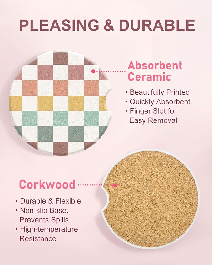 Swooflia Car Coasters for Women - Morandi-Tone Checkered Ceramic Car Cupholder Coaster Absorbent Mat Coaster with Cork Base 2 Pack 2.55 inch Automotive Cup Holder Accessories New Driver Gifts