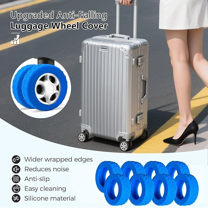 8 Pcs Luggage Wheel Covers, Anti-Noise, Fits 2-2.4" suitcase wheel, blue | suitcase wheel covers, Widened & Thickened Silicone, Anti-Noise & Scratch-Proof, Fits 2-2.4" Carry-On Luggage Wheels