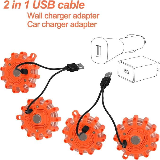 Tobfit 8 Pack USB-C Rechargeable LED Road Flares Roadside Emergency Car Kit, Emergency Lights for Vehicles Flashing Flare Beacon Disc with Magnetic Base & Hook, Carrying Bag, Type-C Cable Included
