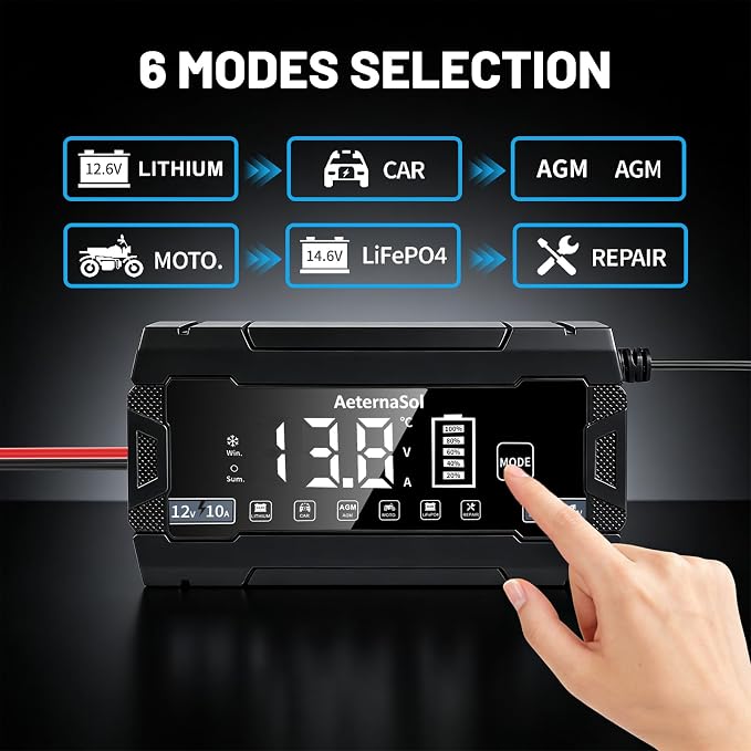 10A Smart Battery Charger 12V/24V, 10-Stage Car Battery Charger Automotive, Trickle Charger Maintainer with Pulse Repair for Truck, Motorcycle, Battery Desulfator with Temperature Compensation (Black)