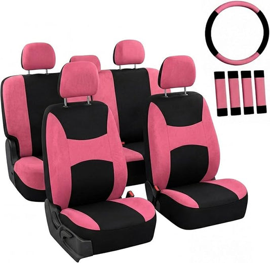 FH Group Full Set Cloth Car Seat Covers, Universal Fit combo, Low Back Front Seat Covers, Airbag Compatible, Split Bench Rear Seat, Washable Seat Cover for SUV, Sedan, Van, Pink