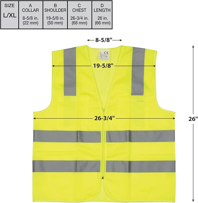 Performance Tool W1580 High-Visibility Reflective Safety Vest, Chest Pockets, Zip Closure, Neon Yellow