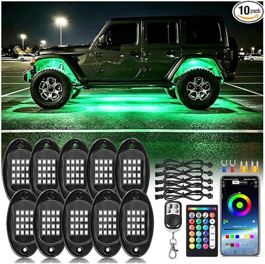 10Pods RGB LED Rock Lights Kit with APP/RF Remote Control, Car Underglow Lights with Dual Zone Brake Multicolor Neon Underbody Light Waterproof 12V for Trucks Pickup Jeep Golf Cart SXS ATV Golf Cart