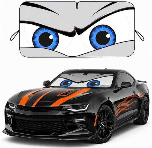 Car Windshield Sun Shade, Universal Fit Compact Sedan SUV, Cool Gray | 59 x 27.5" Car Sun Visor, Foldable Front Window Sunshade, UV Heat Protection, Cute Eyes Series