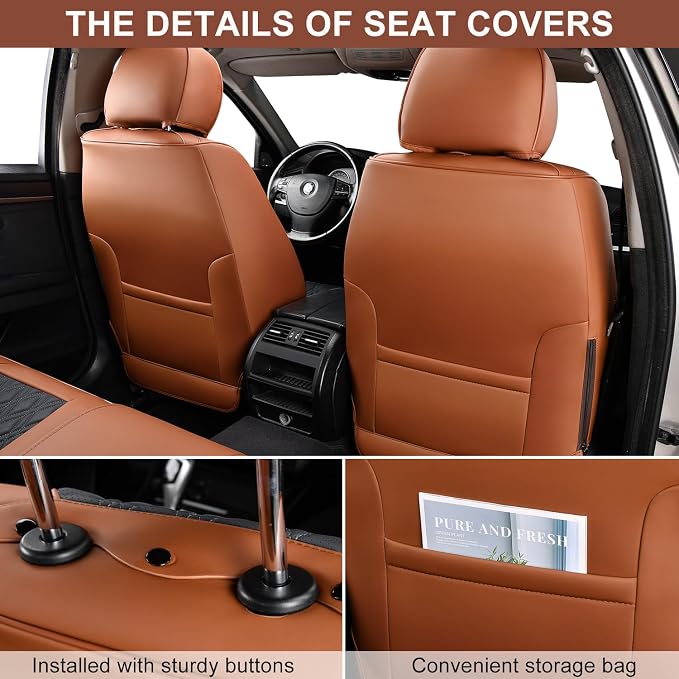 Car Seat Covers Full Set, Breathable Leather Automotive Front and Rear Seat Covers, Car Seat Protectors Full Set,Universal Automotive Vehicle Seat Cover for Most Sedan SUV Pick-up Trucks, Brown&Black