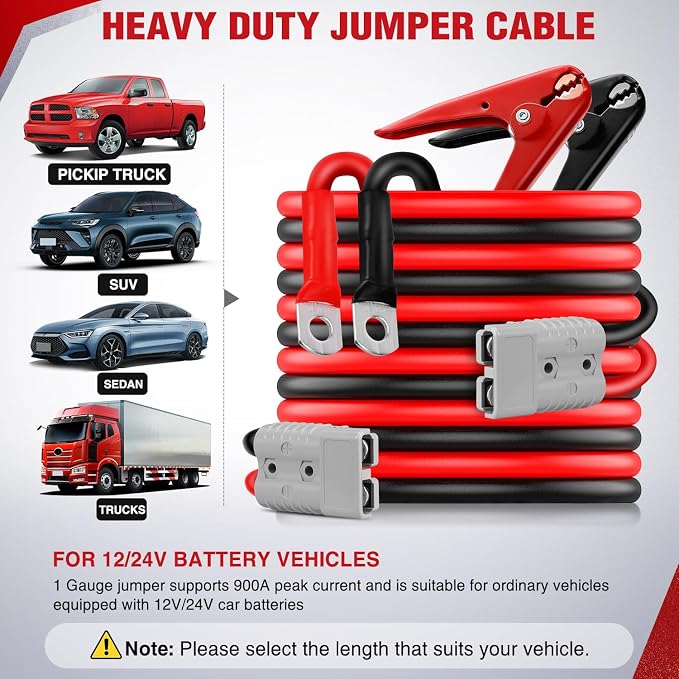 Nilight 1 Gauge 25 Feet Heavy Duty Jumper Cables 900 Amp Booster Battery Cables with Permanent Installation kit and Quick Connect Plug Includes Carrying Bag for 12V & 24V Cars SUVs and Trucks